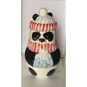 Winter Panda In Hat Scarf Cookie Jar Canister Ceramic Christmas Decor 10.5” Vntg